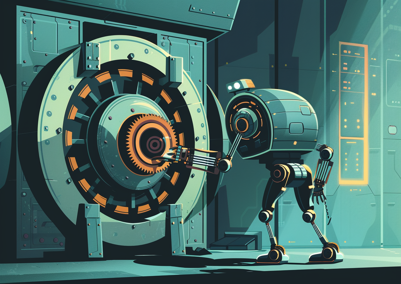 A lumbering robot locks a bank vault full of private information