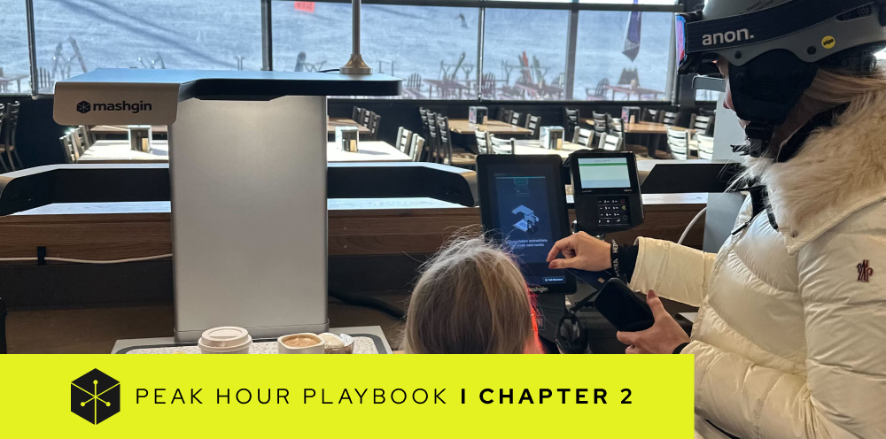 A woman and child check out at a ski resort with Mashgin. Text reads 