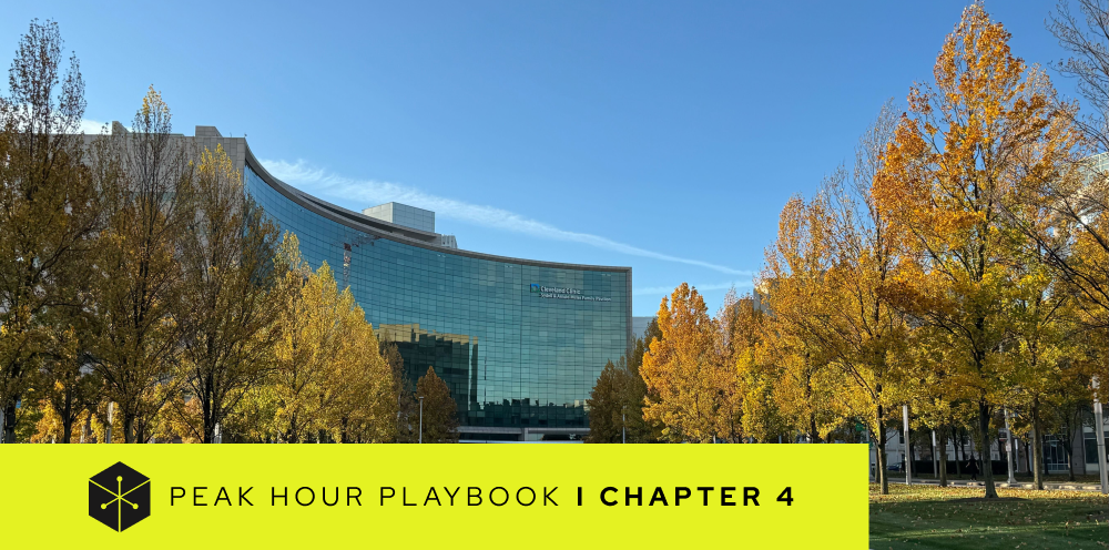 Peak Hour Playbook thumbnail. Chapter 4. Cleveland Clinic's main campus in the background.